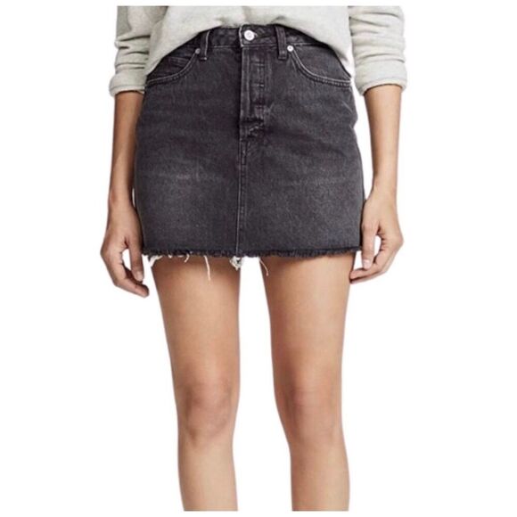 We The Free Rugged A Line Denim Mini Skirt Size 30 Black Raw Hem Button Up - Picture 1 of 11
